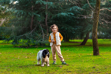 a little girl walks in the park with her pet, a Russian spaniel dog