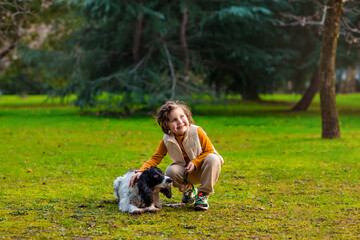 Naklejka na ściany i meble a little girl walks in the park with her pet, a Russian spaniel dog