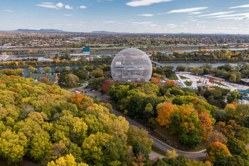 Aerial view of Montreal Biospphere at Parc Jean-Drapeau during fall season in Montreal, Quebec, Canada.
