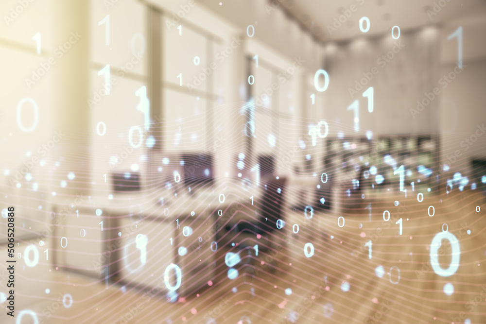 Aufkleber abstract virtual binary code hologram on a modern furnished classroom background, ai and machine lea
