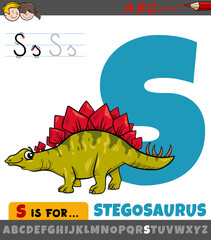 letter S worksheet with cartoon stegosaurus prehistoric animal character