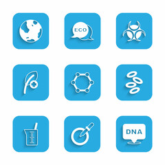 Set Molecule, Petri dish with pipette, DNA symbol, Hemoglobin, Laboratory glassware or beaker, Leaf leaves, Biohazard and Earth globe icon. Vector