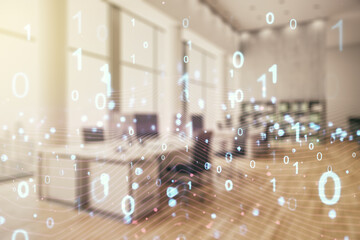 Abstract virtual binary code hologram on a modern furnished classroom background, AI and machine learning concept. Multiexposure