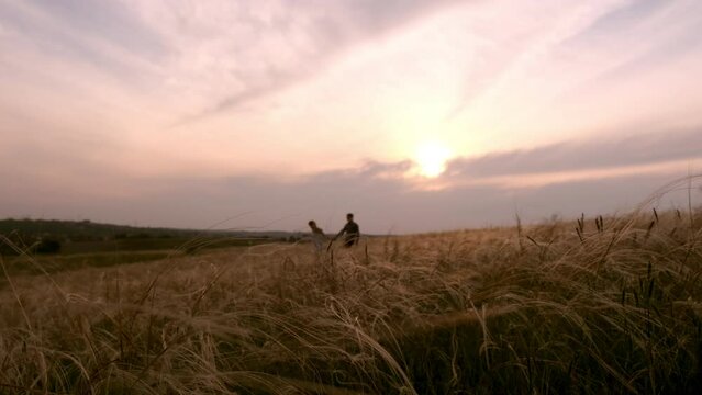 The silhouette of a couple in a golden field and a beautiful sunset. A young and romantic family enjoys it. Two people. The concept of a happy family.