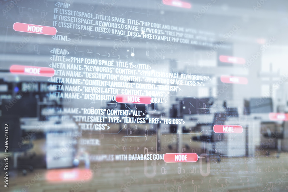 Poster Abstract virtual coding concept on a modern furnished office background. Multiexposure