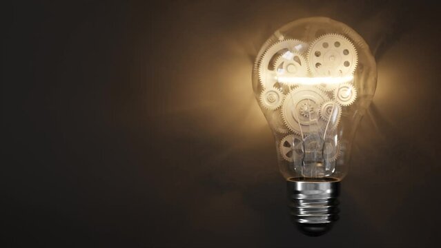 Gears rotate inside bulb. Creativ idea mechanism. 3d render animation.