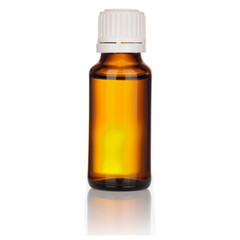 Brown glass bottle with drug isolated white background, white cap. Mock-up of medical glass bottle.