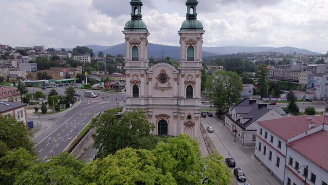 Bielsko-Biala from a drone on a sunny day. Town Hall and the characteristic buildings in the city.