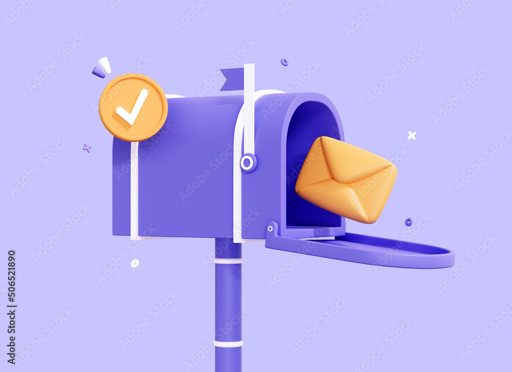Poster 3d cartoon mailbox with letter in envelope and check mark. confirmed message with tick. newsletter c