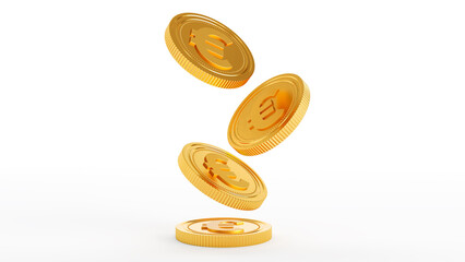 3D render of Falling golden coins with euro sign isolated over white background. - obrazy, fototapety, plakaty