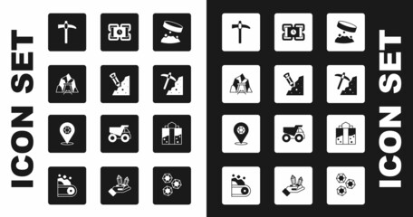 Set Giant magnet holding iron dust, Construction jackhammer, Mine entrance, Pickaxe, Dynamite, and Gem stone icon. Vector