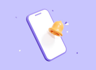 3D Phone with Bell notification. Smartphone and new message concept. Social media notice. News and subscribe. Email reminder. Cartoon element design isolated icon on purple background. 3D Rendering