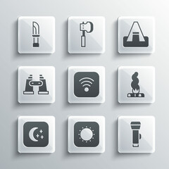 Set Sun, Flashlight, Campfire, Wi-Fi wireless internet, Moon and stars, Binoculars, Knife and Tourist tent icon. Vector