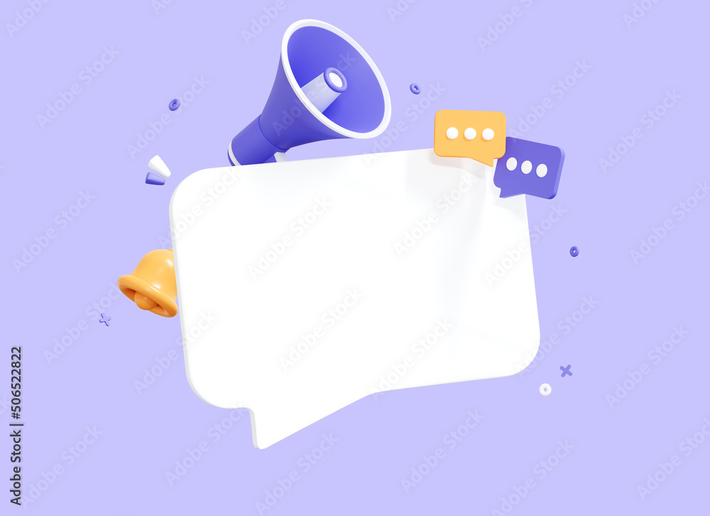 Poster 3d speech bubble message with megaphone and bell notification. subscribe and newsletter concept. ban
