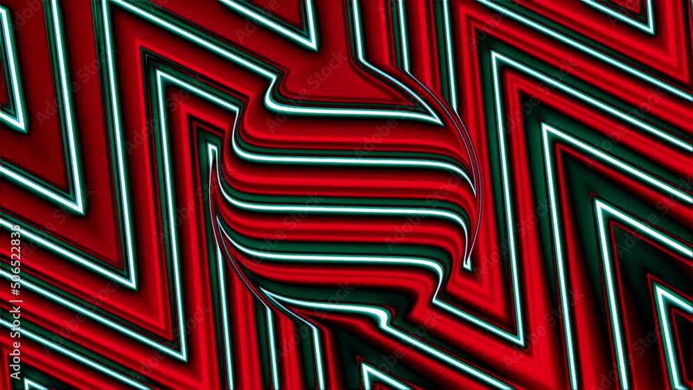 Poster red background in animation.motion.a bright iridescent circle made of lines and large stripes.