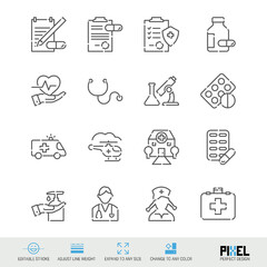 Medicine and drugs related vector line icon set isolated on white. Pixel perfect design. Editable stroke. Adjust line weight. Expand to any size. Change to any color.