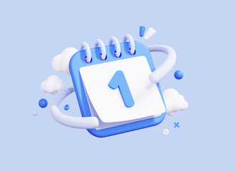 3D Calendar with 1 date number. Minimal creative design. September 1st on the page. Back to school. First Birthday. Day of month. Cartoon icon isolated on blue background. 3D Rendering
