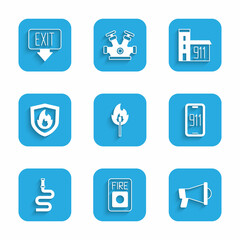 Set Burning match with fire, Fire alarm system, Megaphone, Mobile emergency call 911, hose reel, protection shield, Building of station and exit icon. Vector