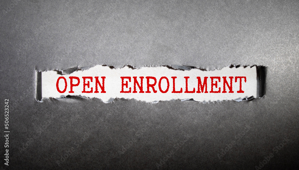 Poster torn paper with open enrollment in opening background