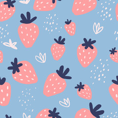 Seamless pattern with strawberry on blue