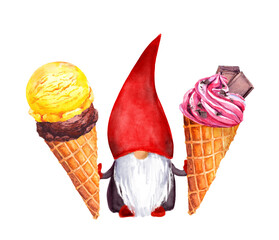 Watercolor summer gnome, ice cream in waffle cone. Water color sweet food illustration