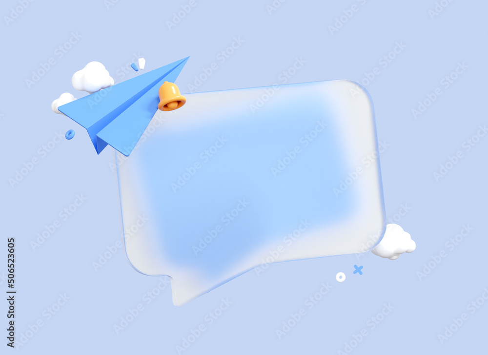 Poster 3d speech bubble message with paper airplane and bell notification. subscribe and newsletter concept