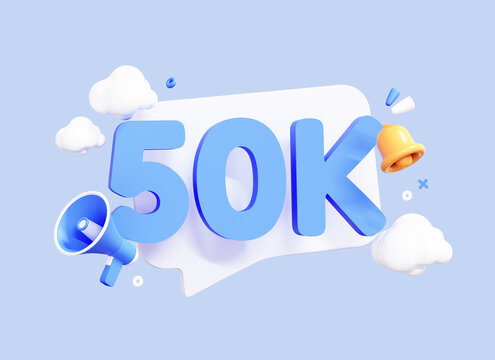3D Banner with 50k Followers. Thank you for subscribe. Social media promotion poster with megaphone and bell notification. Creative design isolated on blue background. Blog marketing. 3D Rendering