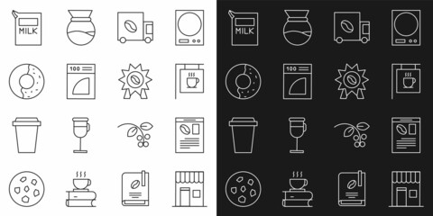 Set line Coffee shop, Newspaper and coffee, Street signboard, street truck machine, filter, Donut with sweet glaze, Paper package for milk and Medal icon. Vector