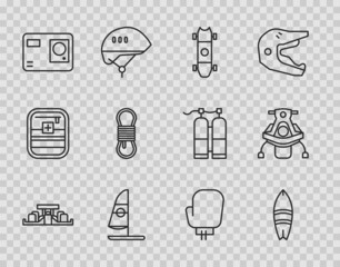 Set line Formula 1 racing car, Surfboard, Longboard skateboard, Windsurfing, Action extreme camera, Climber rope, Boxing glove and Snowmobile icon. Vector