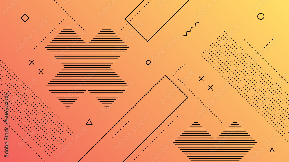 Wall mural modern abstract background with retro memphis elements and orange peach gradient color