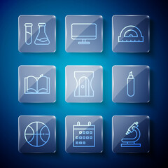 Set line Basketball ball, Calendar, Microscope, Protractor, Pencil sharpener, Open book, Test tube and flask and Marker icon. Vector