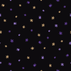 Vector seamless pattern with hand drawn stars, floral elements, hand drawn repeating background.