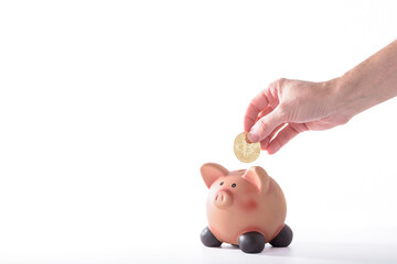 Piggy bank full of money. Coins and dollar bills. A symbol of accumulation and well-being. Purchase planning. Financial literacy.