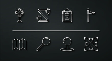 Set line Stop sign, Folded map, Location marker, Push pin, Route location, Road traffic and with icon. Vector