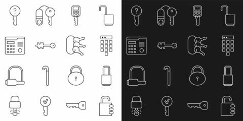 Set line Safe combination lock, Lock, Password protection, Car key with remote, Old, House intercom system, Undefined and Bunch of keys icon. Vector