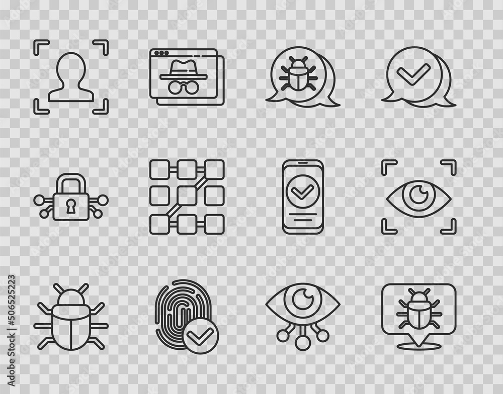 Poster set line system bug, fingerprint, face recognition, graphic password protection, eye scan and icon. 