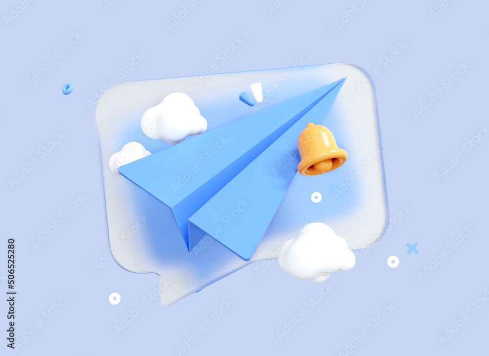 Aufkleber 3d paper airplane on speech bubble message. mail with bell notification. send message concept. onlin