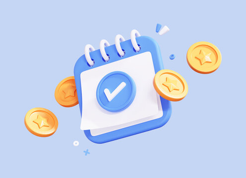 3D Calendar With Coin And Check Mark. Completed Money Transfer. Time To Pay. Successful Payment. Tax Day. Fast Money Concept. Creative Design Icon Isolated On Blue Background. 3D Rendering