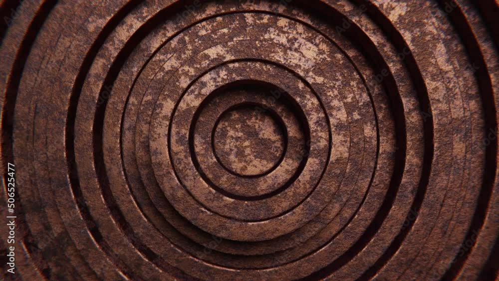Poster realistic abstract looping 3d animation of the moving weathered rusty aged metal rings rendered in u
