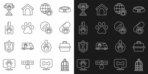 Set line Cage for birds, Pet carry case, Dog pill, World pet, Paw print, shampoo, award and icon. Vector