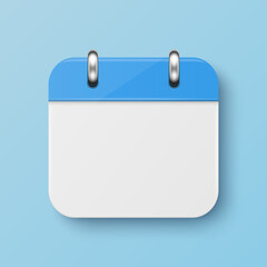Vector 3d Realistic Simple Classic Minimalistic Light Blue Calendar Icon on Blue Background. Design Template for Mockup. Paper Calendar on Wall. Background with Icon of Calendar, Copy Space