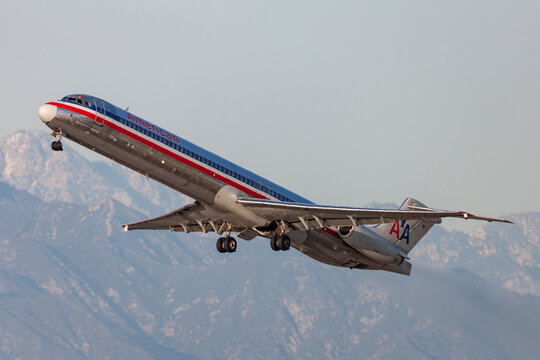 Los Angeles, California, USA - March 10, 2010: American Airlines McDonnell Douglas MD-82 aircraft taking off from Los Angeles International Airport.