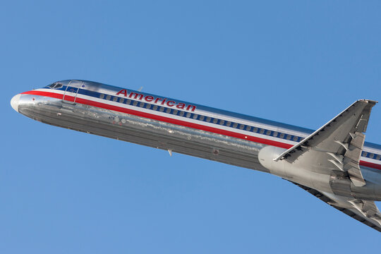 Los Angeles, California, USA - March 10, 2010: American Airlines McDonnell Douglas MD-82 aircraft taking off from Los Angeles International Airport.