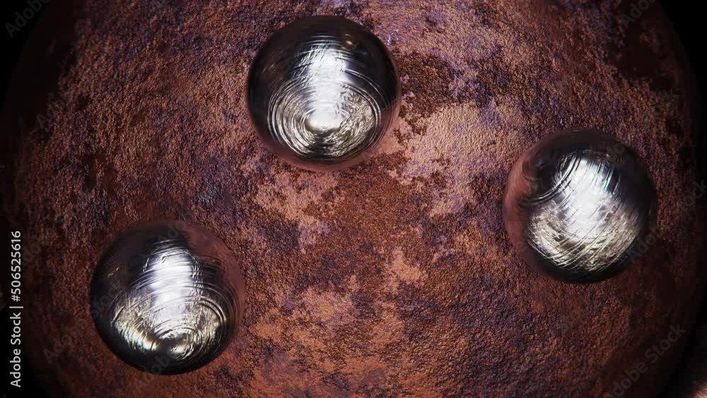 Poster realistic satisfying looping 3d animation of the weathered rusty metal aged sphere with orbital roll