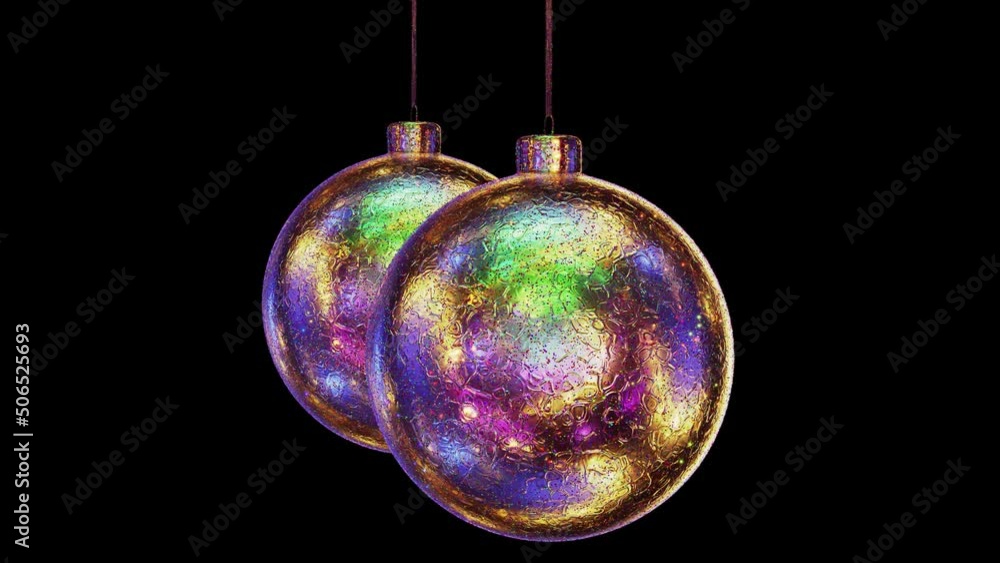 Poster realistic looping 3d animation of two hanging spinning fancy textured iridescent golden metallic chr
