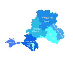 Southern Federal District map Russia, vector silhouette illustration isolated on white. Republic of Adygea, Astrakhan oblast, Volgograd oblast, Kalmykia, Krasnodar krai, Crimea, Rostov, Sevastopol.
