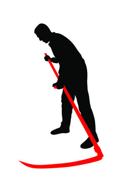 recommend clip art: Farmer using scythe to cut grass vector silhouette illustration isolated on white background. Rural gardener landscaper. Country man with scythe hard work outdoor. Villager mowing wheat or clover