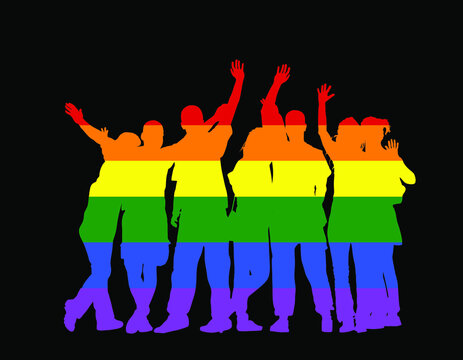 Pride LGBT flag over gay people friends waving hands vector silhouette illustration isolated. Happy boys and girls tourists hand wave saying hi. Send off sign. Couples in love enjoy in summer travel.