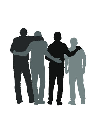 Senior friends hugging together to make a photo picture vector silhouette illustration isolated on white background. Sport fan crew watching soccer game. Man with companions togetherness hug back view