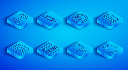 Set line Dumbbell, Smartwatch, Weight plate, Sports nutrition, Racket and ball, and Kettlebell icon. Vector